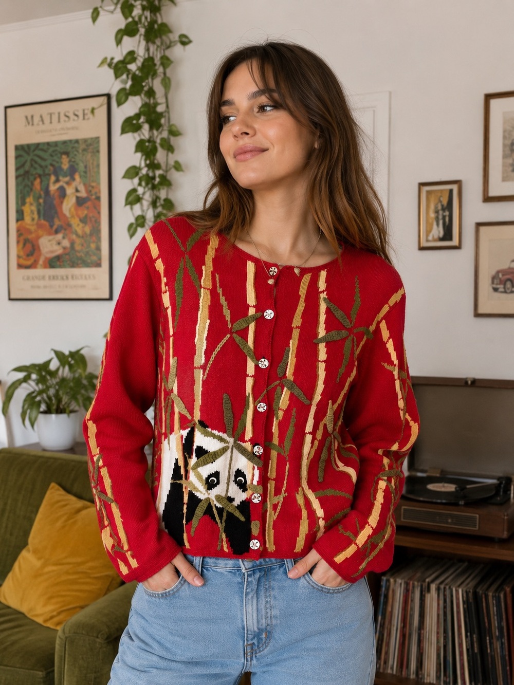 Vintage Panda Bamboo Novelty Cardigan Sweater Women’s M/L Red Cottagecore